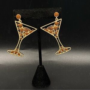 Champagne Glass Post Earrings Brown Enamel Rhinestone Fancy